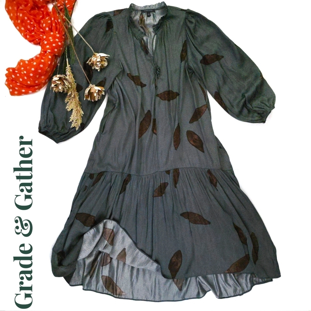 New Grade & Gather Women's Green Gray Maxi Dress with Leaf Pattern Sz M